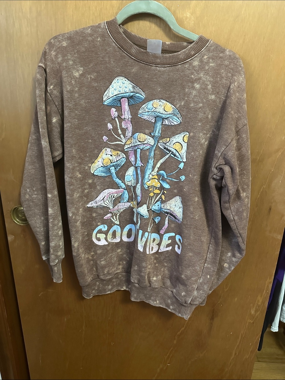 No Boundaries Brown Crewneck with Pastel Mushroom Art